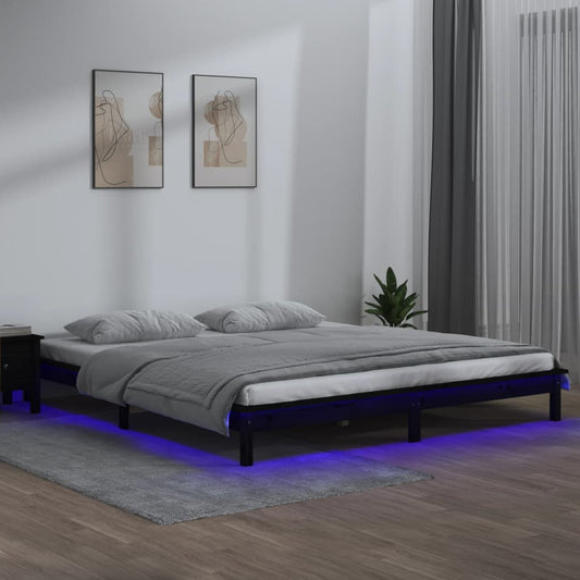 Solid wood bed with LEDs Black 160x200 cm