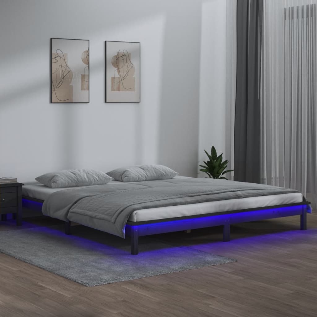 Solid wood bed with LEDs grey 200x200 cm