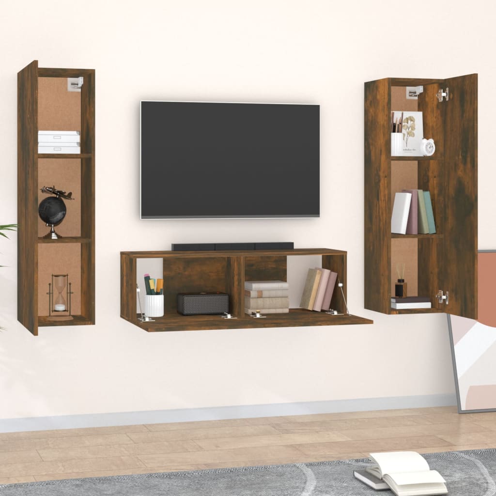 3-piece TV cabinet set smoked oak wood material