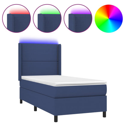 Box spring bed with mattress &amp; LED blue 90x200 cm fabric