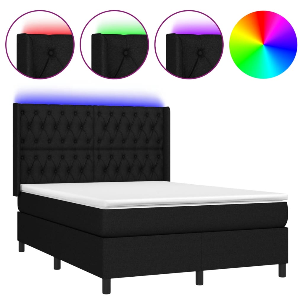 Box spring bed with mattress &amp; LED black 140x200 cm fabric