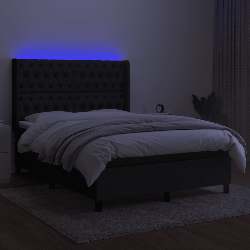 Box spring bed with mattress &amp; LED black 140x200 cm fabric