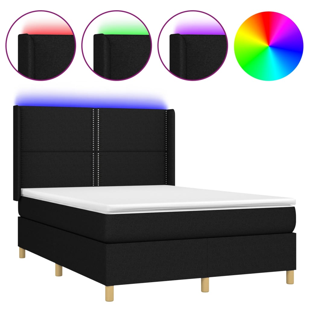 Box spring bed with mattress &amp; LED black 140x200 cm fabric