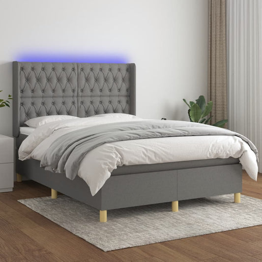 Box spring bed with mattress &amp; LED dark grey 140x200 cm fabric