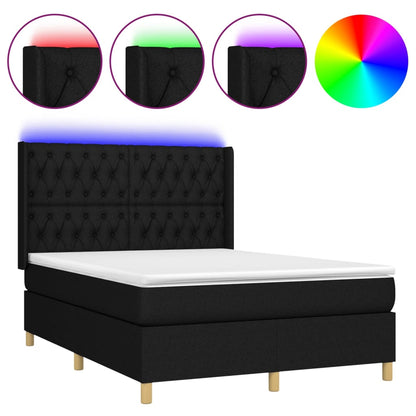 Box spring bed with mattress &amp; LED black 140x200 cm fabric