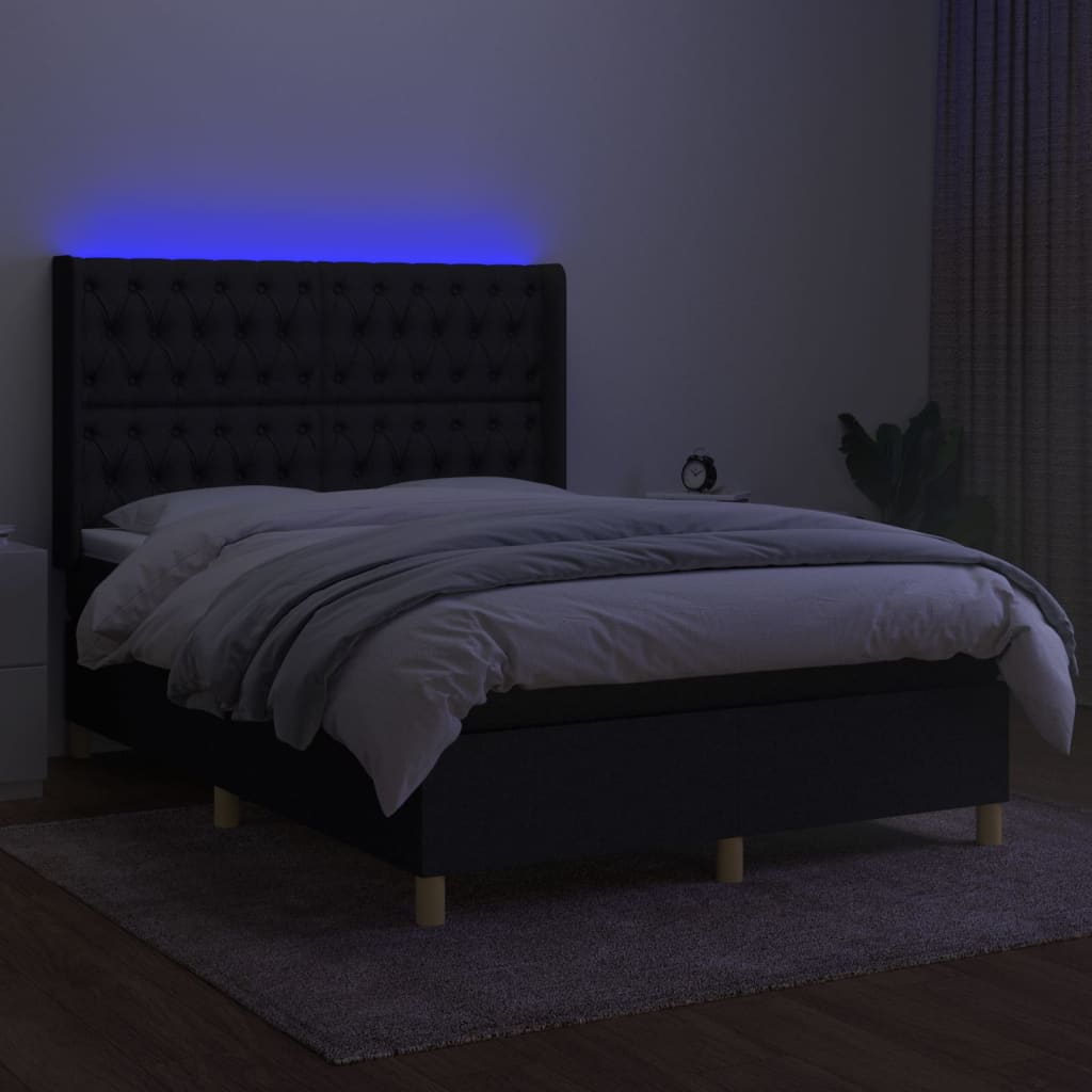 Box spring bed with mattress &amp; LED black 140x200 cm fabric