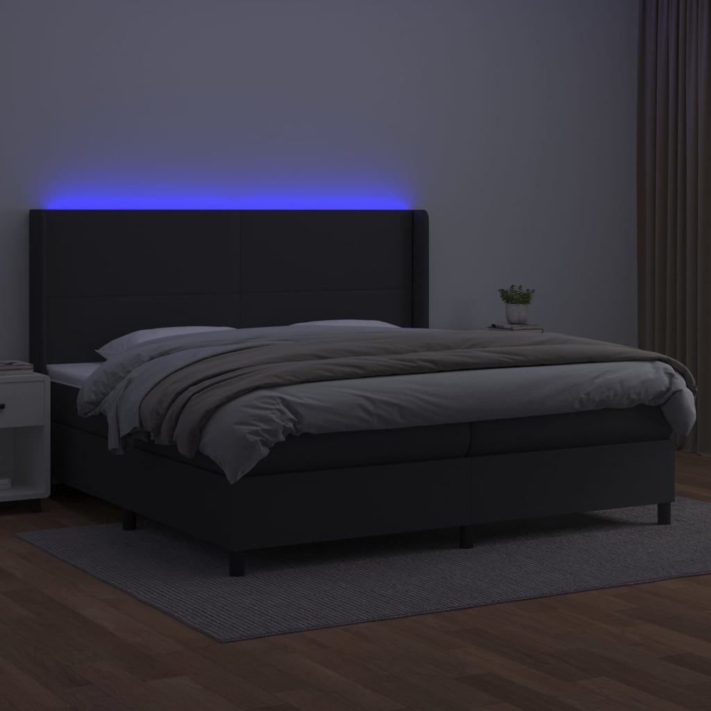 Box spring bed with mattress &amp; LED black 200x200 cm artificial leather