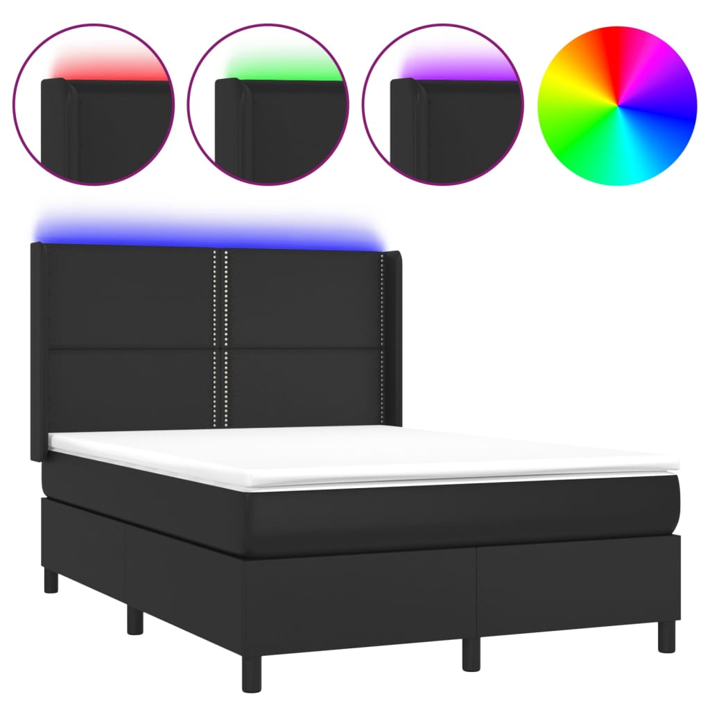 Box spring bed with mattress &amp; LED black 140x200 cm artificial leather