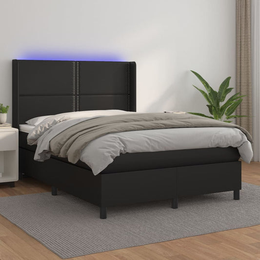 Box spring bed with mattress &amp; LED black 140x200 cm artificial leather