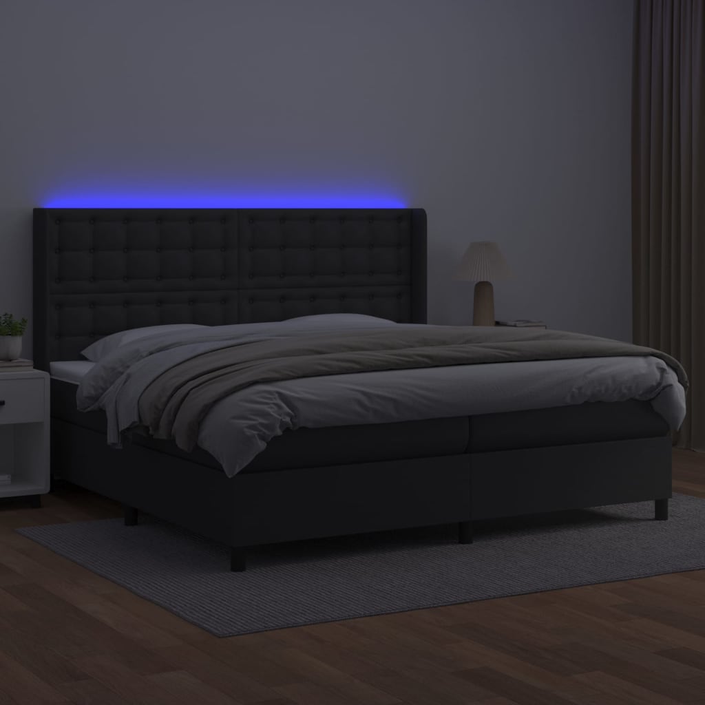 Box spring bed with mattress &amp; LED black 200x200 cm artificial leather