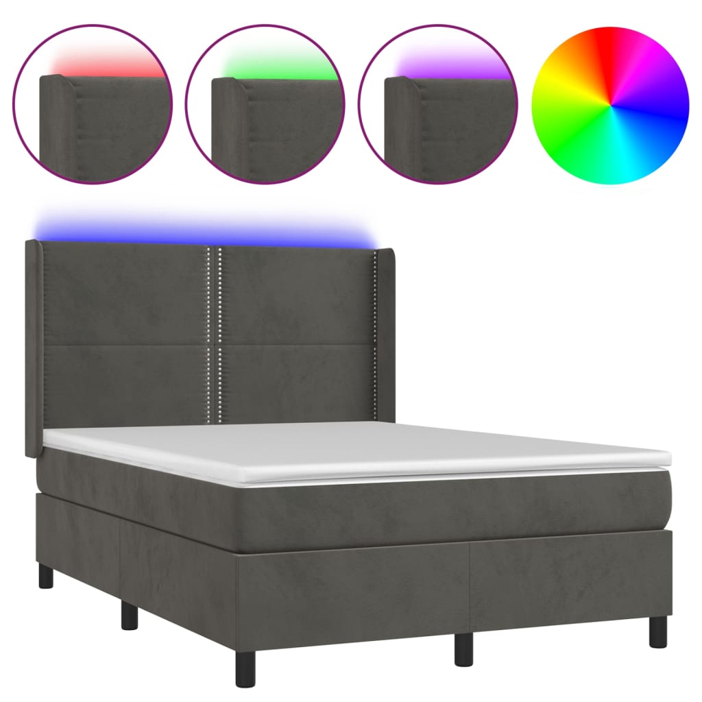 Box spring bed with mattress &amp; LED dark grey 140x200 cm velvet