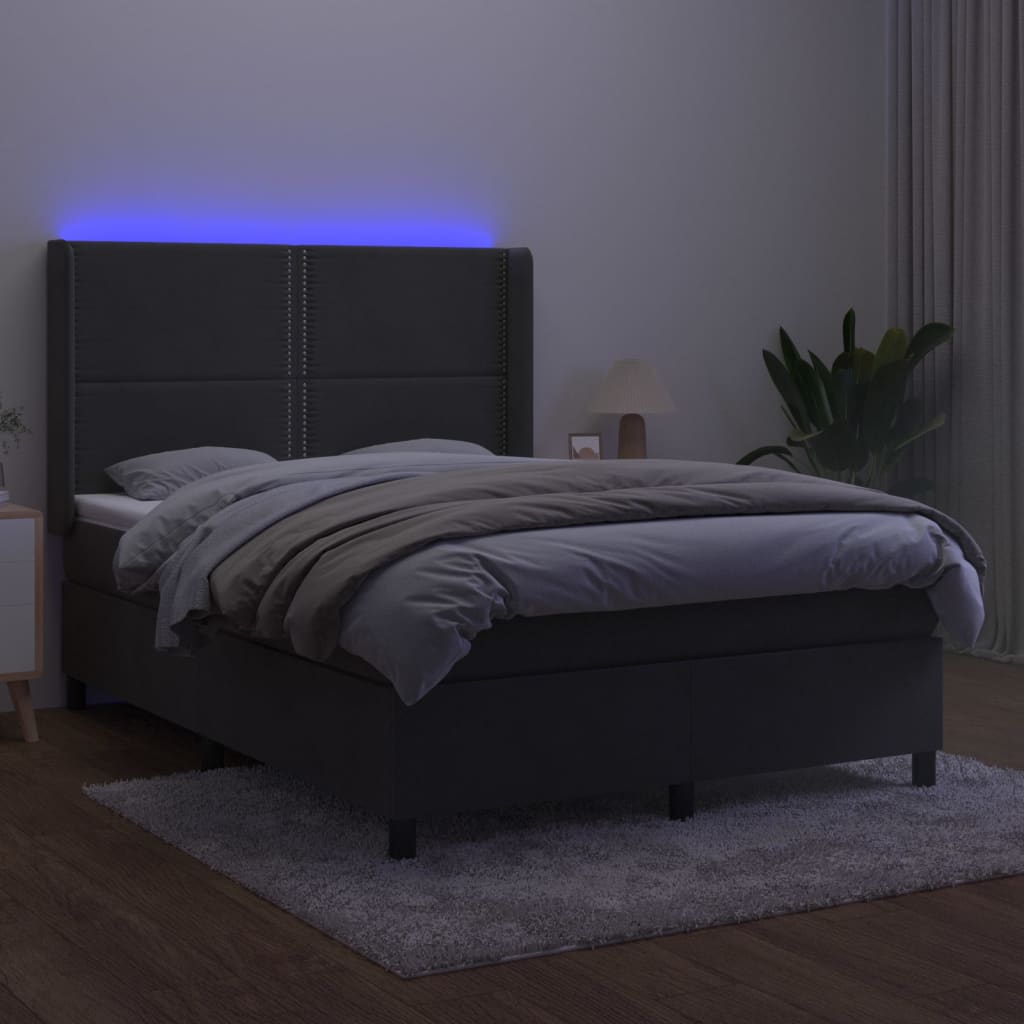 Box spring bed with mattress &amp; LED dark grey 140x200 cm velvet