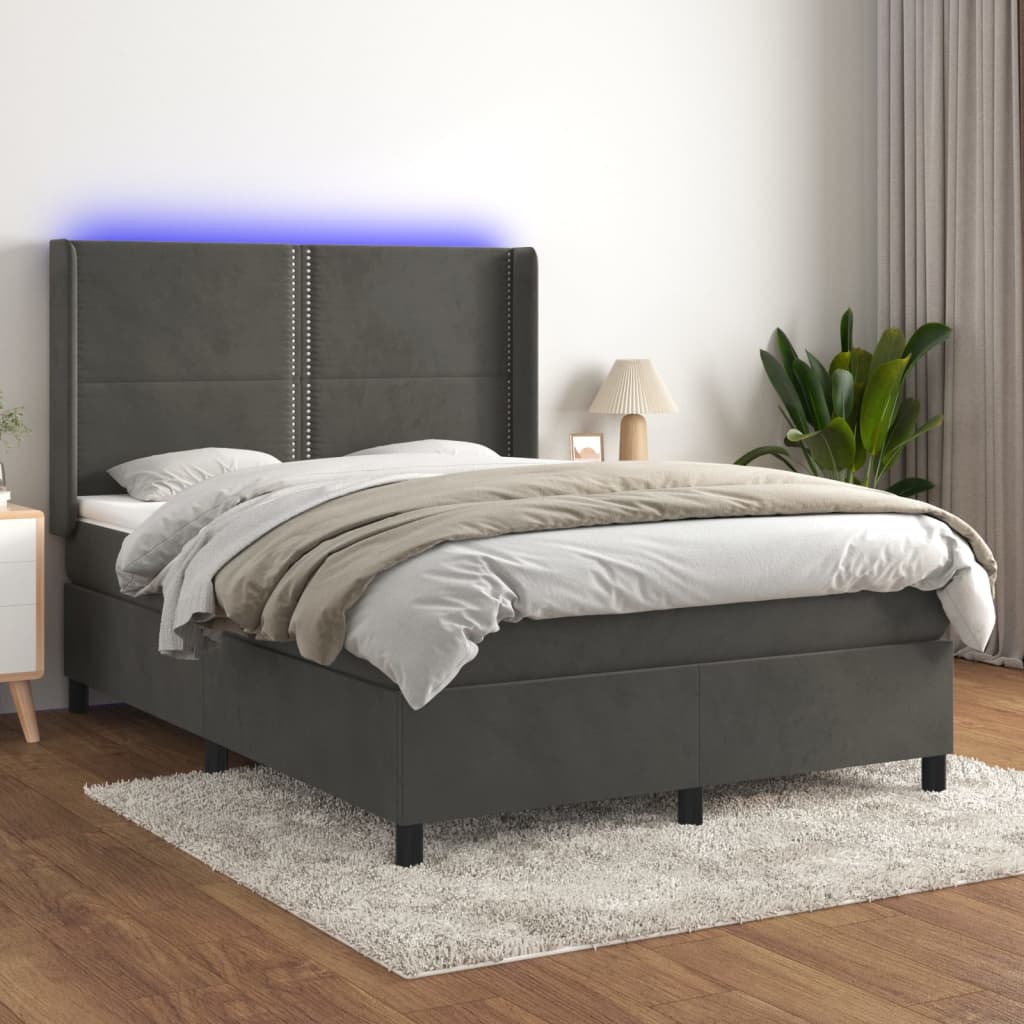 Box spring bed with mattress &amp; LED dark grey 140x200 cm velvet