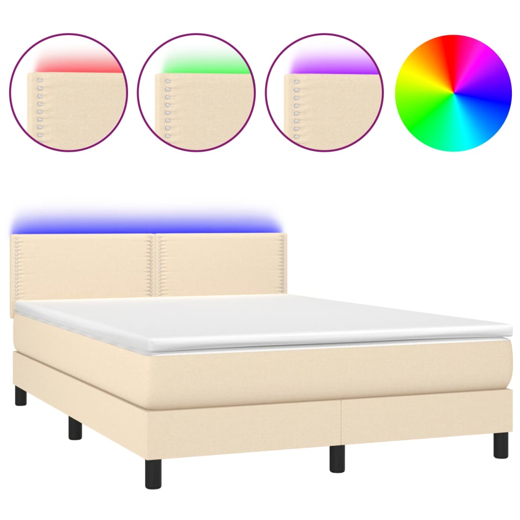 Box spring bed with mattress &amp; LED cream 140x200 cm fabric