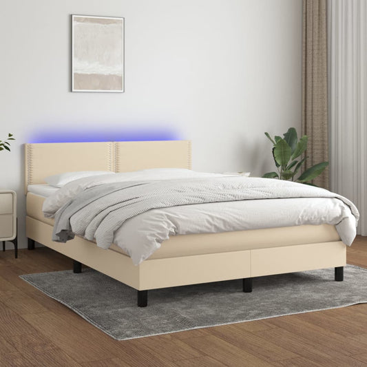 Box spring bed with mattress &amp; LED cream 140x200 cm fabric
