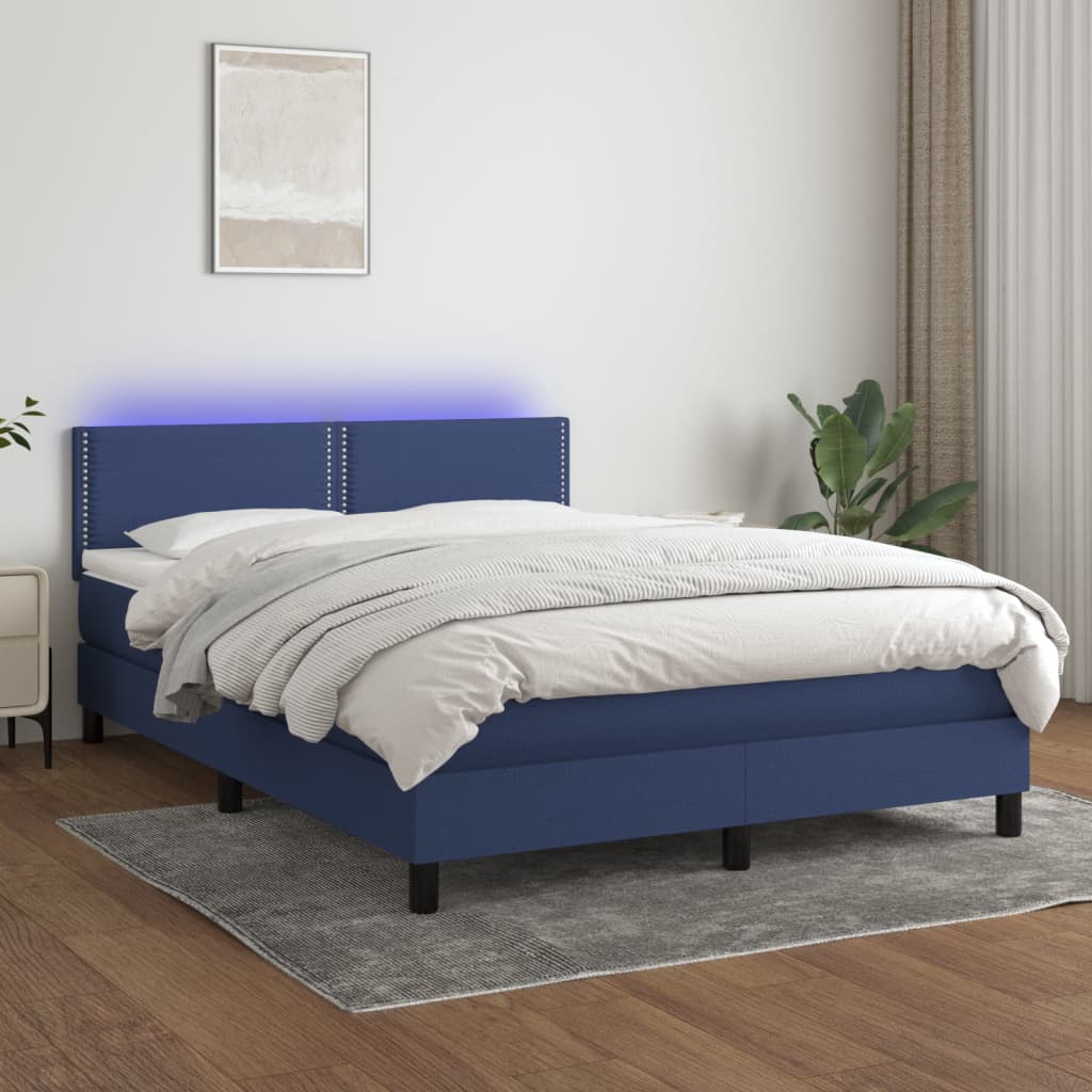 Box spring bed with mattress &amp; LED blue 140x200 cm fabric