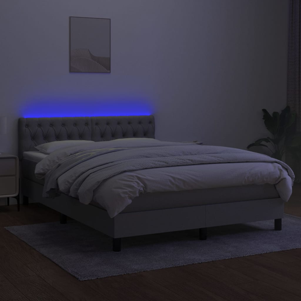 Box spring bed with mattress &amp; LED light grey 140x200 cm fabric