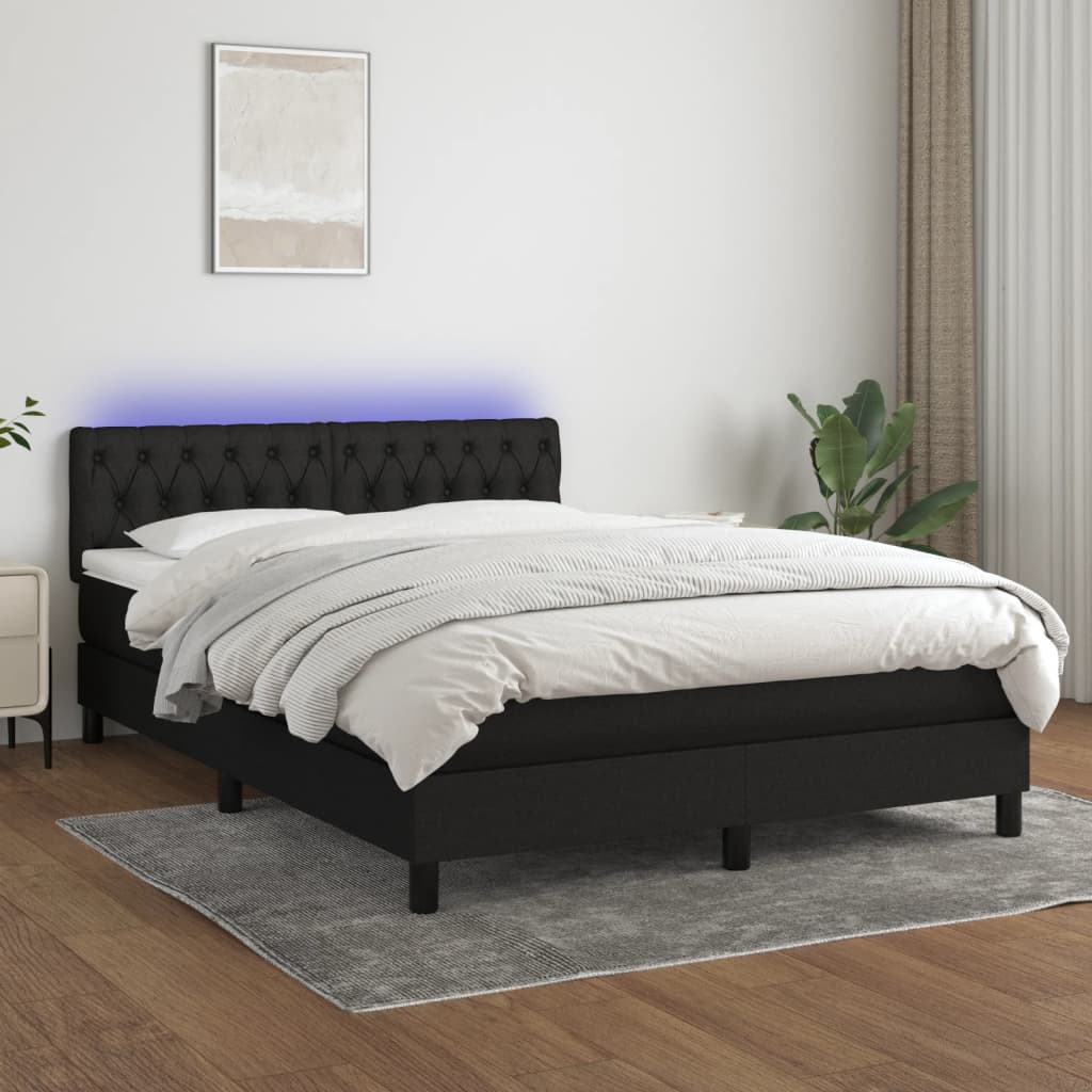 Box spring bed with mattress &amp; LED black 140x200 cm fabric