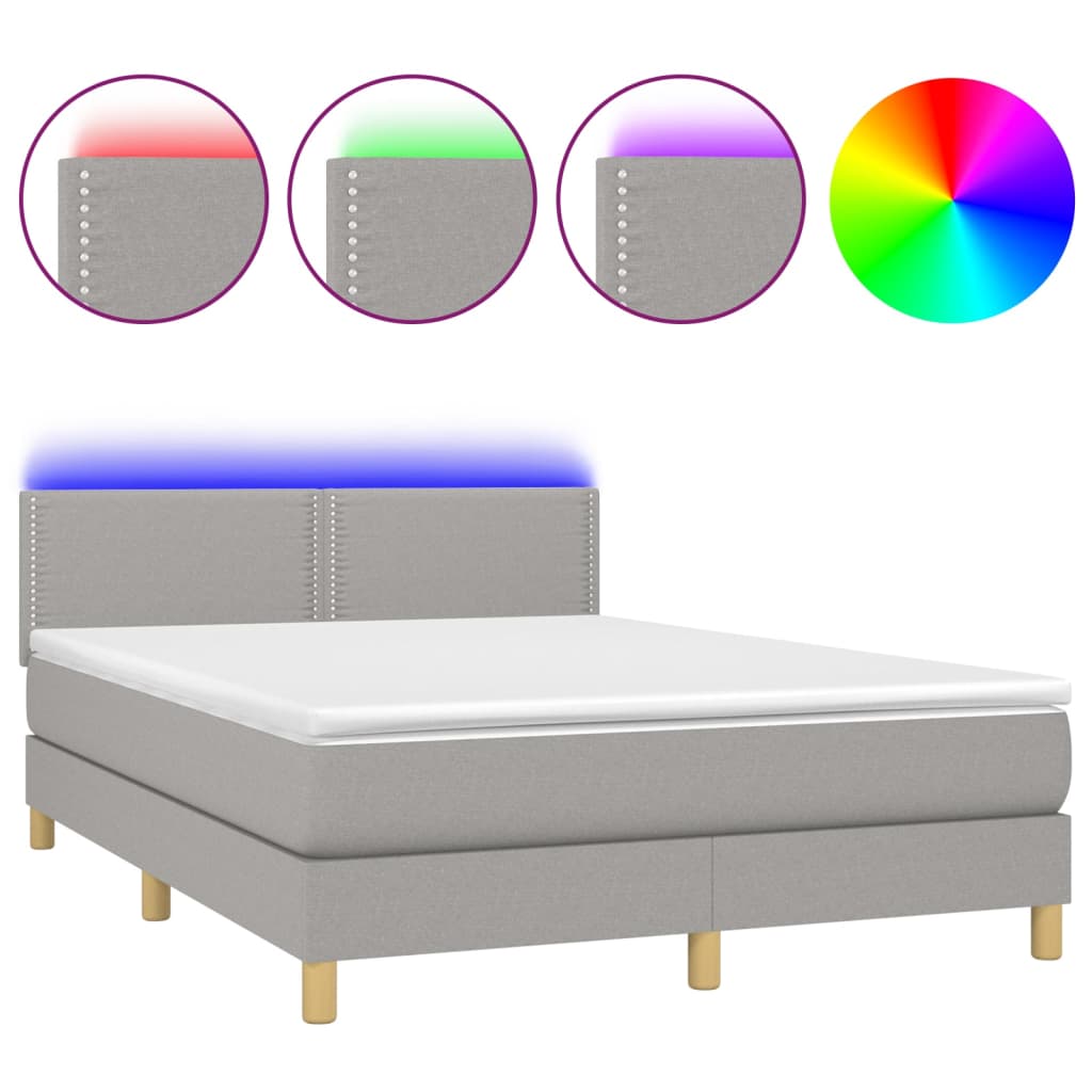 Box spring bed with mattress &amp; LED light grey 140x200 cm fabric