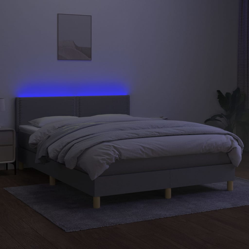 Box spring bed with mattress &amp; LED light grey 140x200 cm fabric