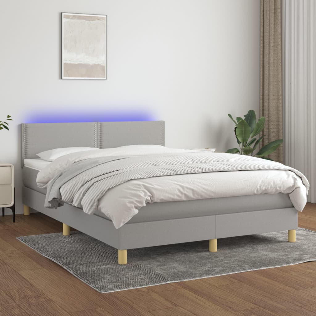 Box spring bed with mattress &amp; LED light grey 140x200 cm fabric