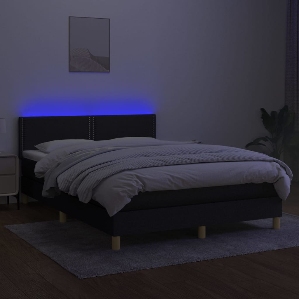 Box spring bed with mattress &amp; LED black 140x200 cm fabric