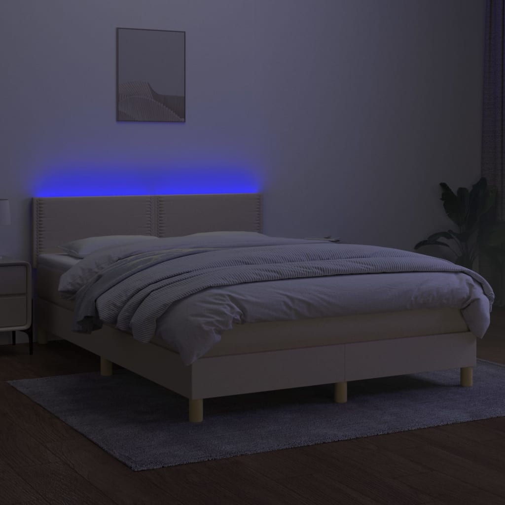Box spring bed with mattress &amp; LED cream 140x200 cm fabric