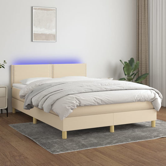 Box spring bed with mattress &amp; LED cream 140x200 cm fabric