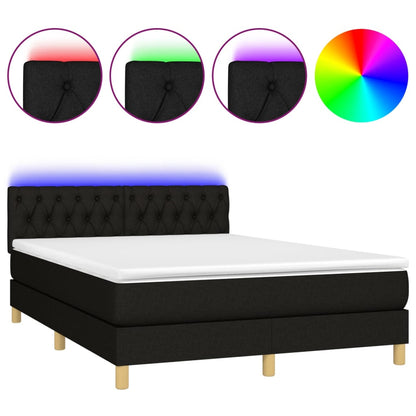 Box spring bed with mattress &amp; LED black 140x200 cm fabric