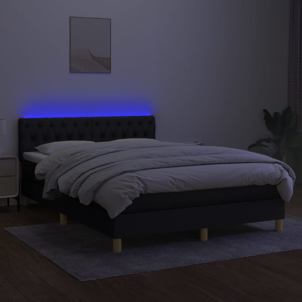 Box spring bed with mattress &amp; LED black 140x200 cm fabric