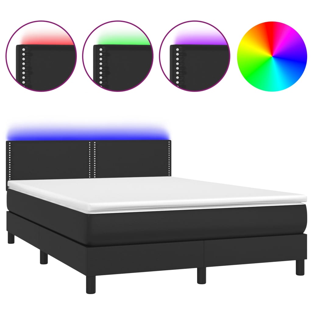 Box spring bed with mattress &amp; LED black 140x200 cm artificial leather