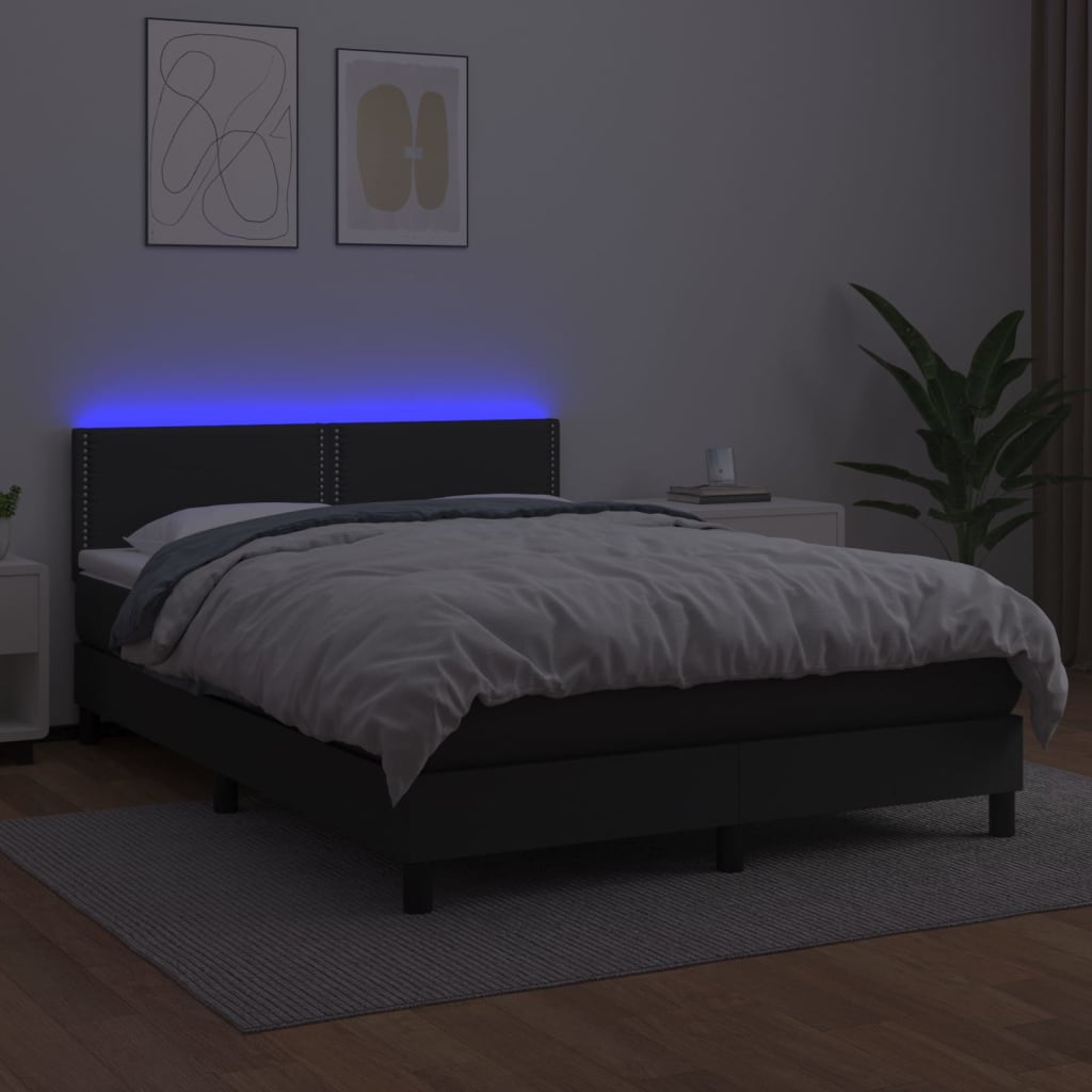 Box spring bed with mattress &amp; LED black 140x200 cm artificial leather