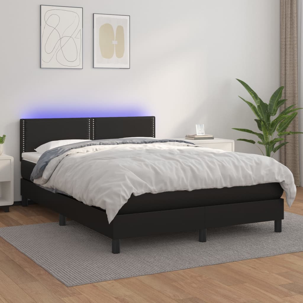 Box spring bed with mattress &amp; LED black 140x200 cm artificial leather