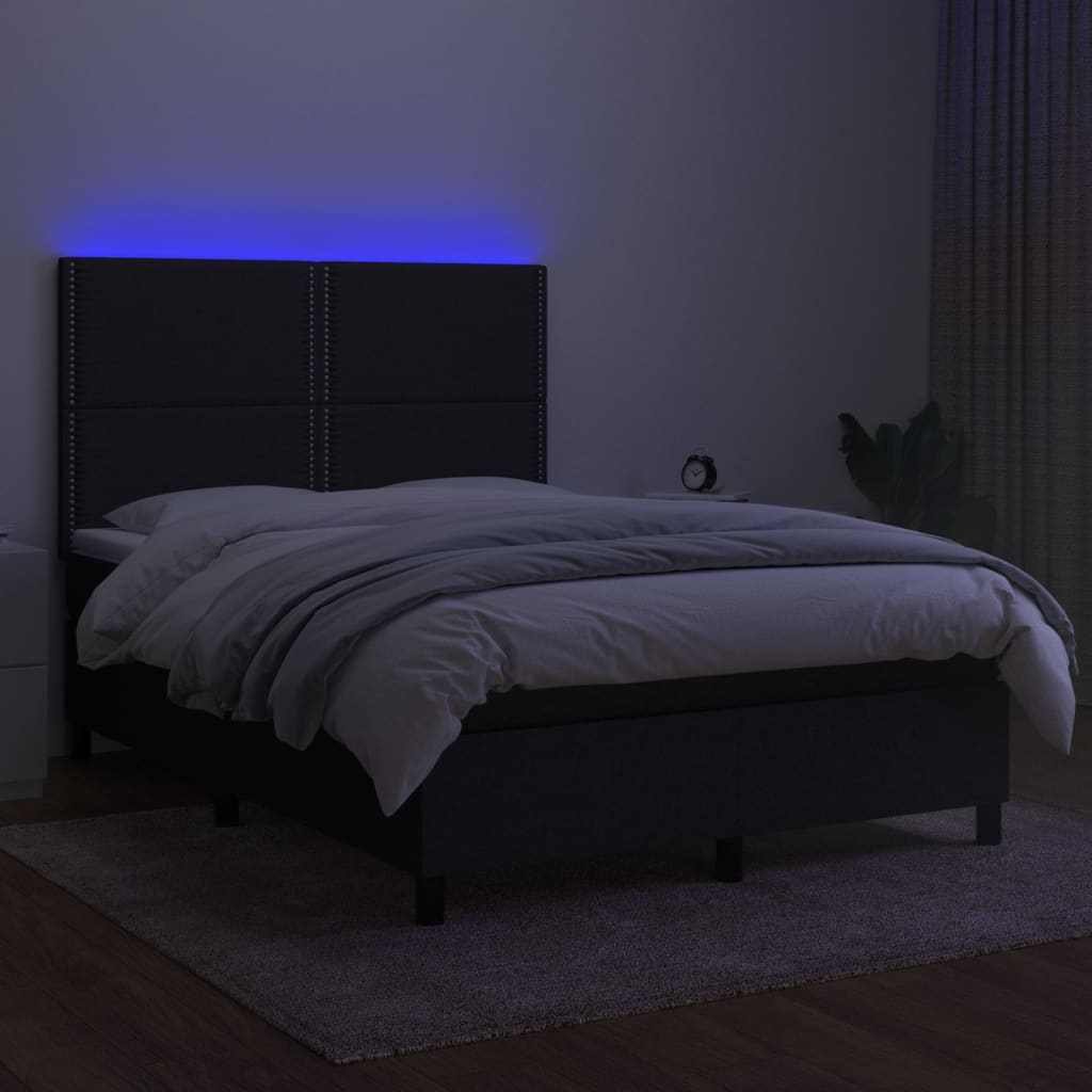 Box spring bed with mattress &amp; LED black 140x200 cm fabric