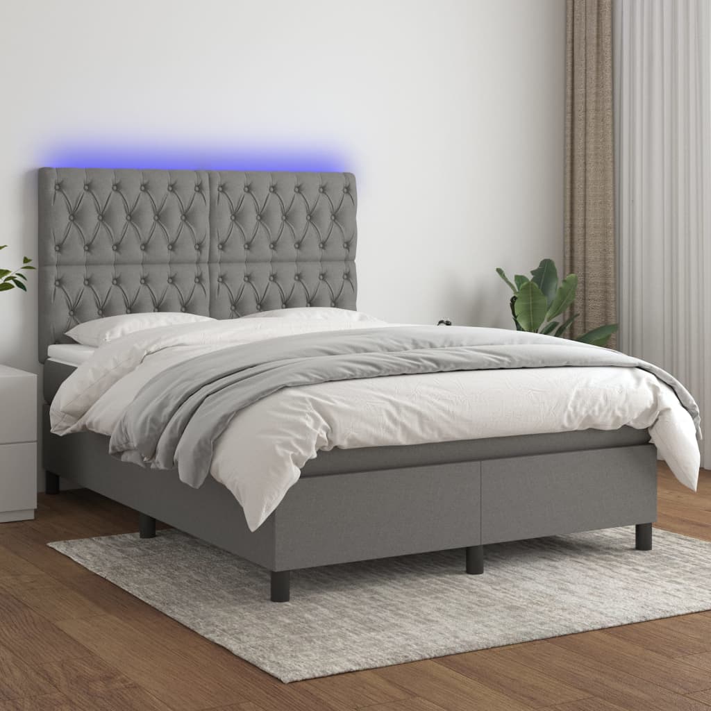 Box spring bed with mattress &amp; LED dark grey 140x200 cm fabric