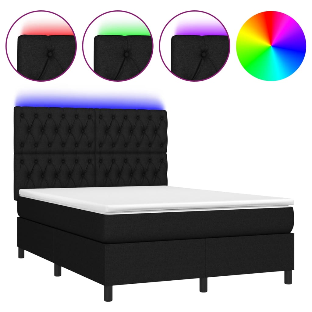 Box spring bed with mattress &amp; LED black 140x200 cm fabric