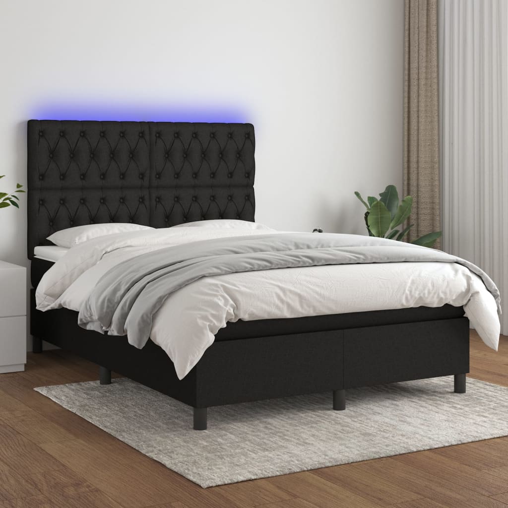 Box spring bed with mattress &amp; LED black 140x200 cm fabric