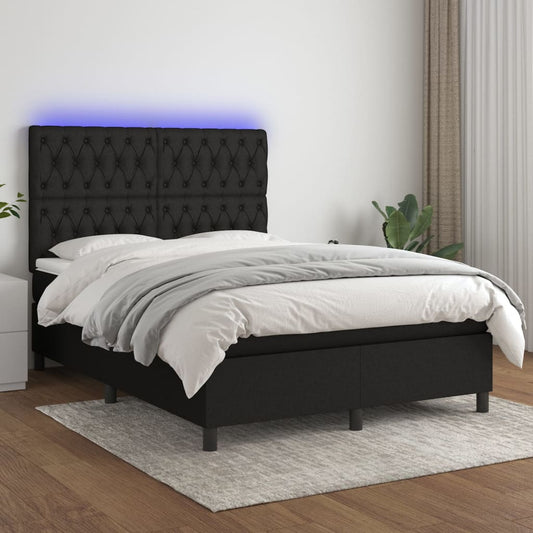 Box spring bed with mattress &amp; LED black 140x200 cm fabric