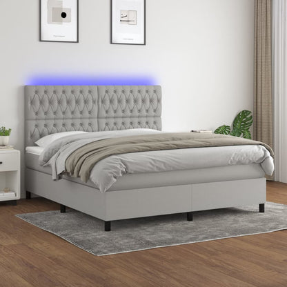 Box spring bed with mattress &amp; LED light grey 160x200 cm fabric