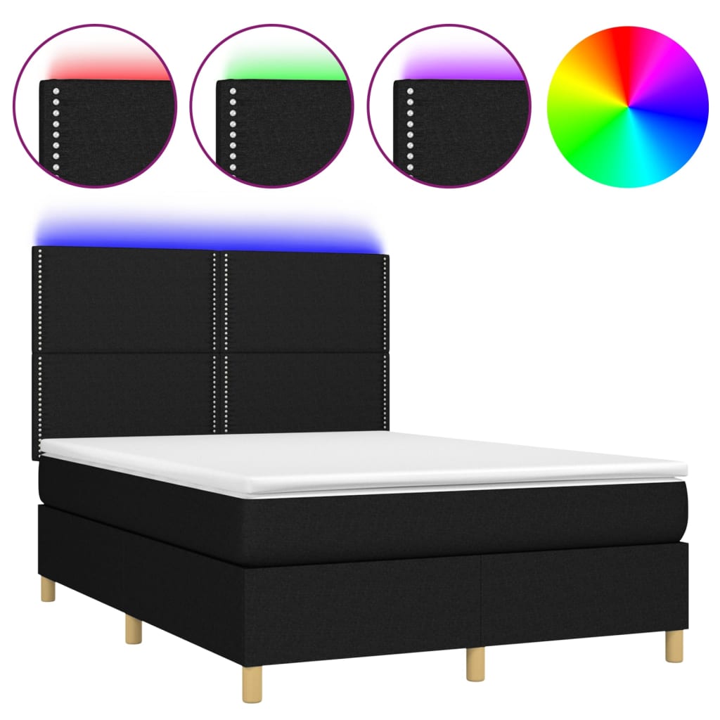 Box spring bed with mattress &amp; LED black 140x200 cm fabric