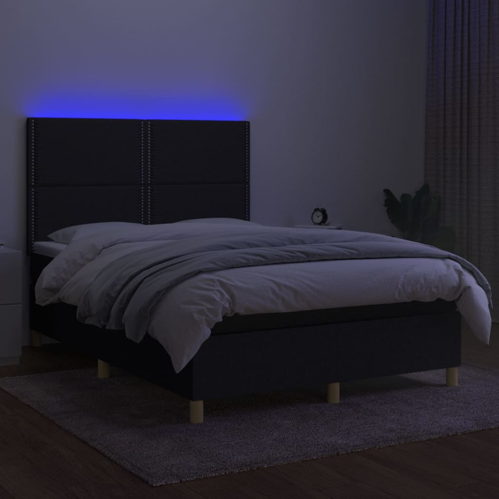 Box spring bed with mattress &amp; LED black 140x200 cm fabric