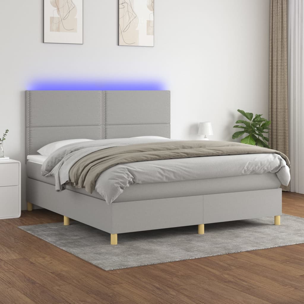 Box spring bed with mattress &amp; LED light grey 160x200 cm fabric