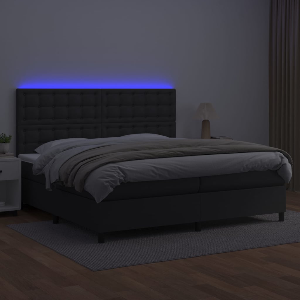 Box spring bed with mattress &amp; LED black 200x200 cm artificial leather