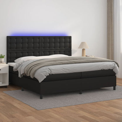 Box spring bed with mattress &amp; LED black 200x200 cm artificial leather