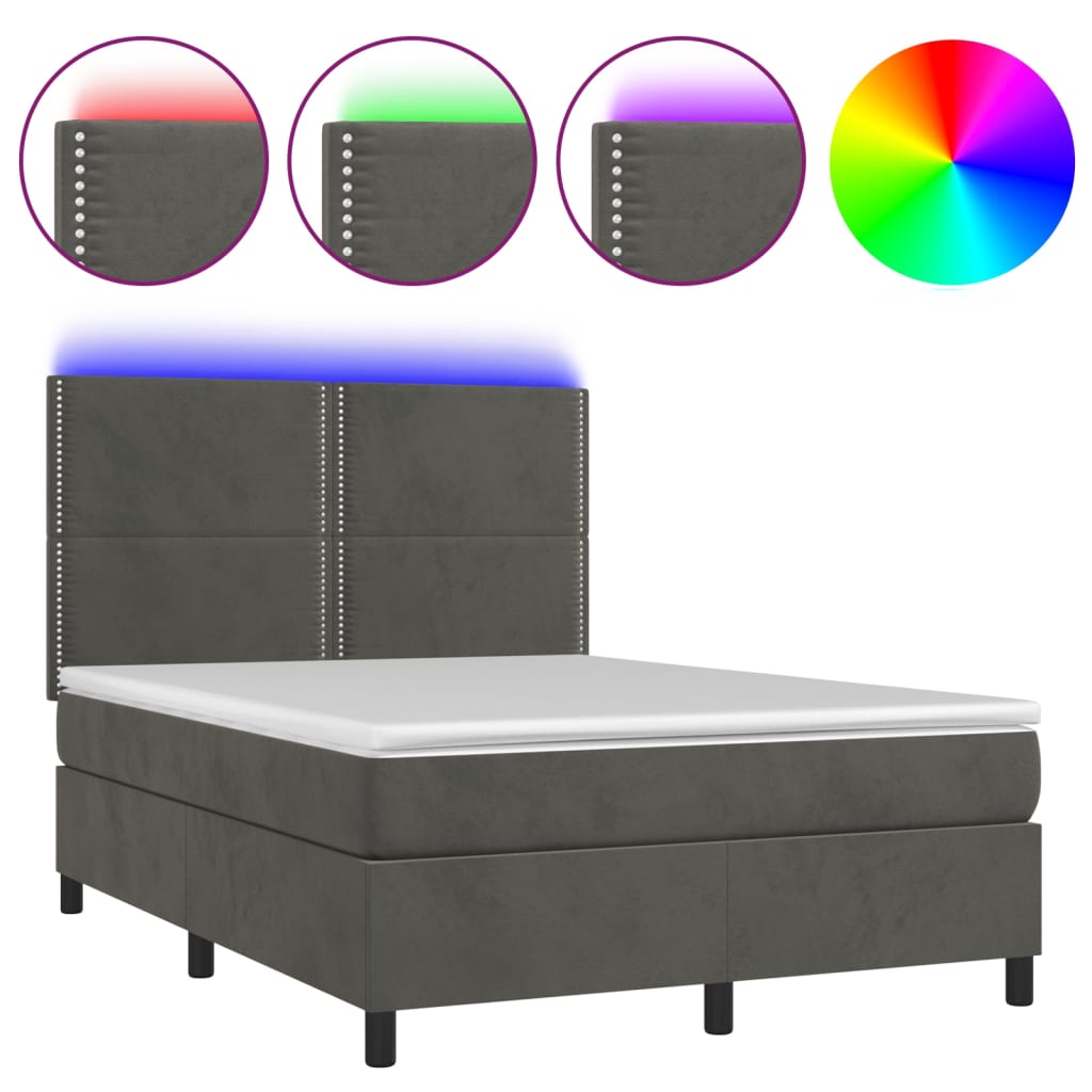 Box spring bed with mattress &amp; LED dark grey 140x200 cm velvet