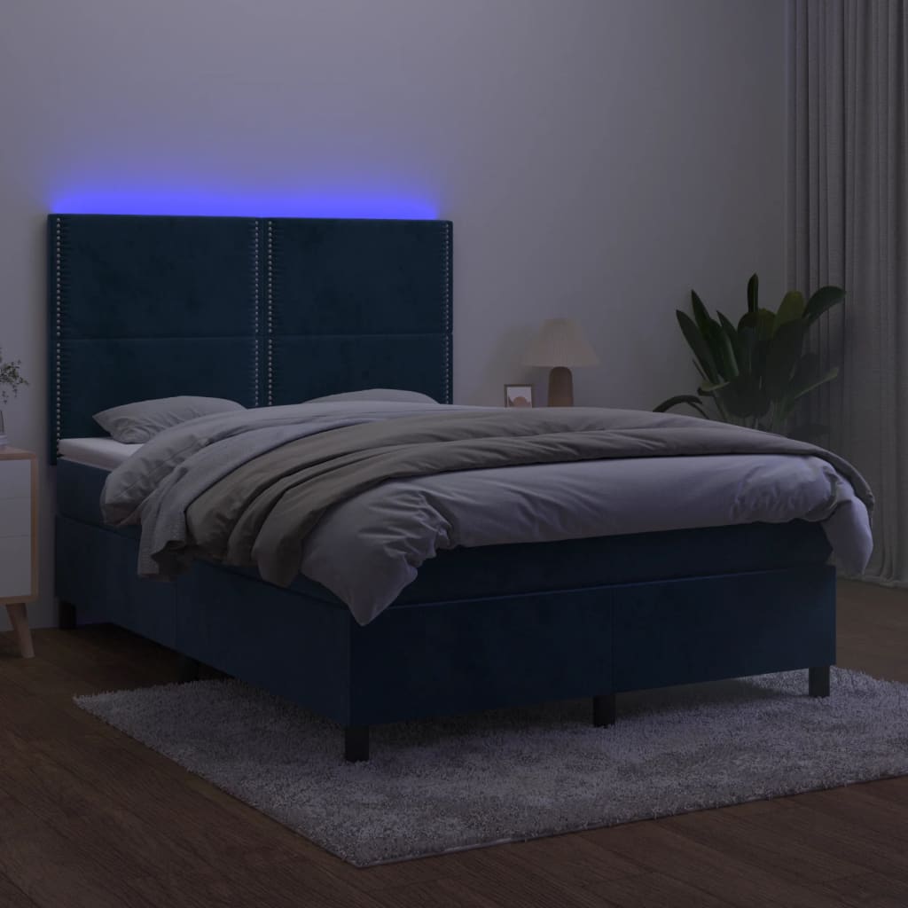Box spring krevet s madracem i LED tamnoplavi 140x200 cm baršun