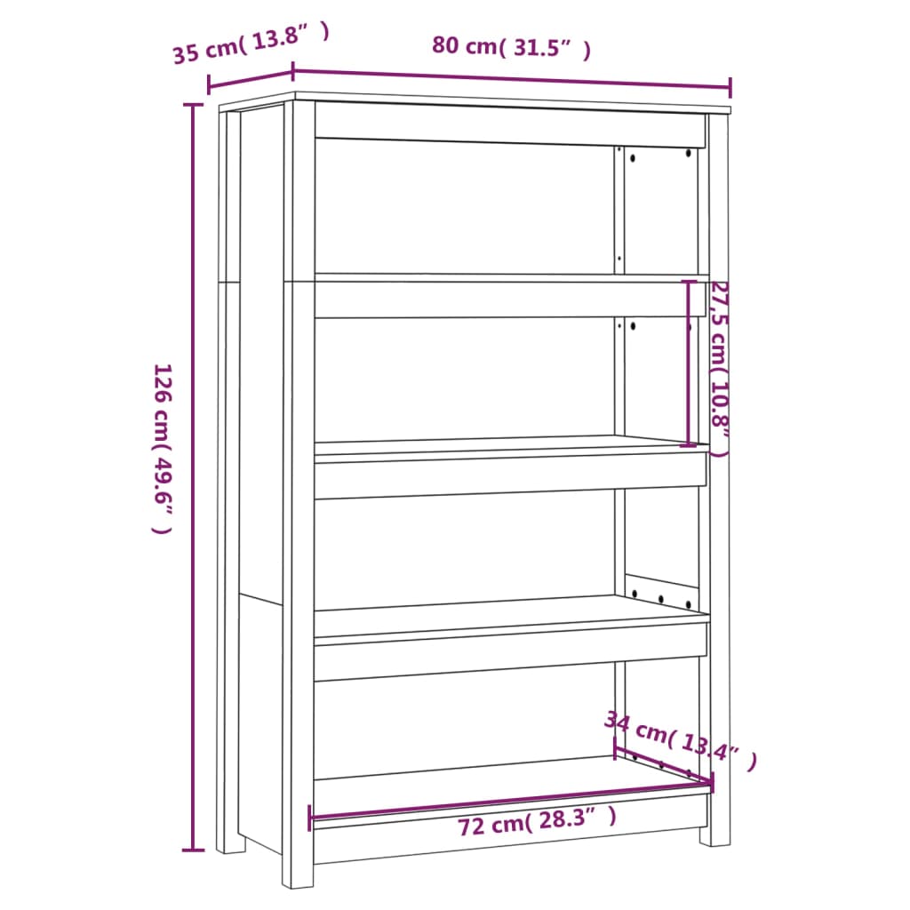 Bookcase white 80x35x126 cm solid pine