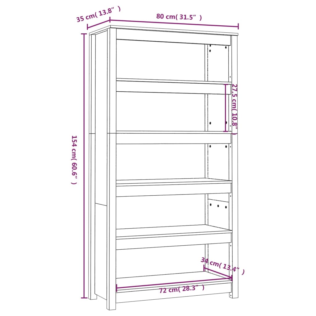 Bookcase white 80x35x154 cm solid pine