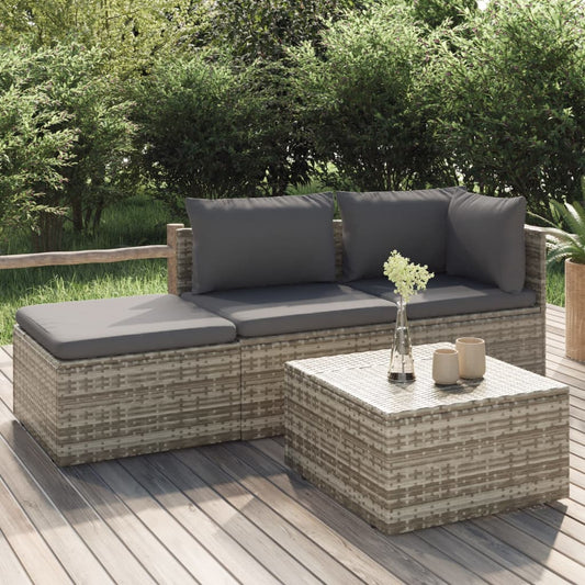 4-tlg. Garten-Lounge-Set mit Kissen Grau Poly Rattan