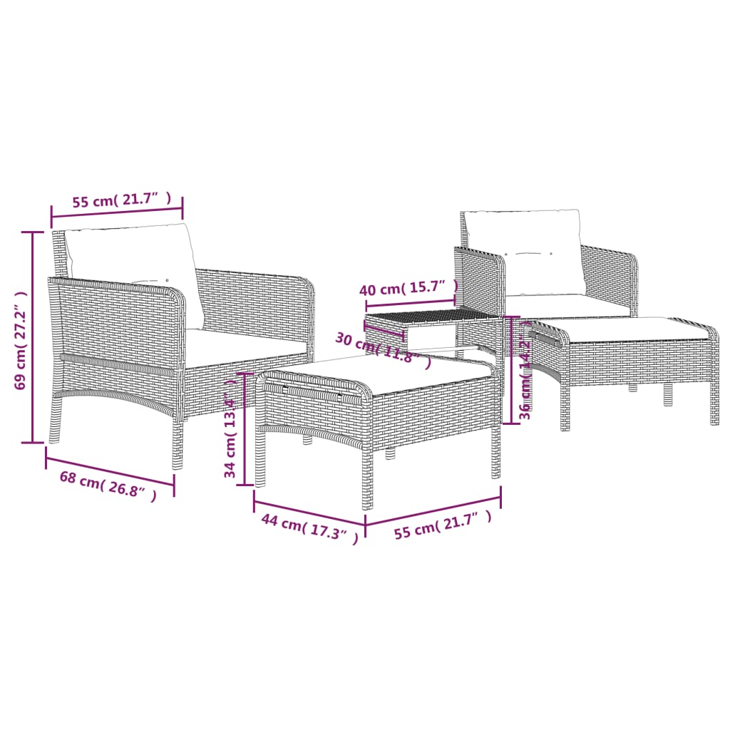 5-tlg. Garten-Lounge-Set mit Kissen Braun Poly Rattan